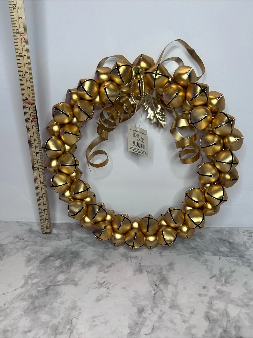 Festive Gold Jingle Bell Wreath with Bow